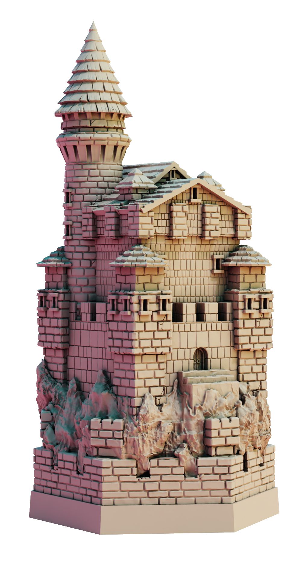 A white resin castle, lightly shaded.