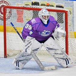 Syracuse Crunch goalie Connor Ingram (39) wearing the special Hockey Fights Cancer jersey against the Laval Rocket in American Hockey League (AHL) action at the War Memorial Arena in Syracuse, New York on Saturday, November 17, 2018. Syracuse won 6-4.