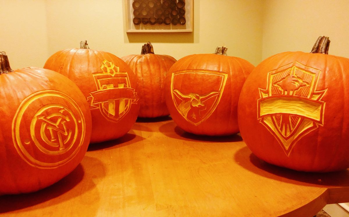 Awesome pumpkins with crests of TFC, NYCFC, FCD, and SSFC