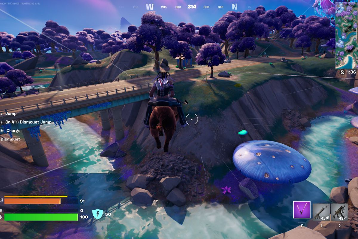 A Fortnite character riding a board charges off of a cliff