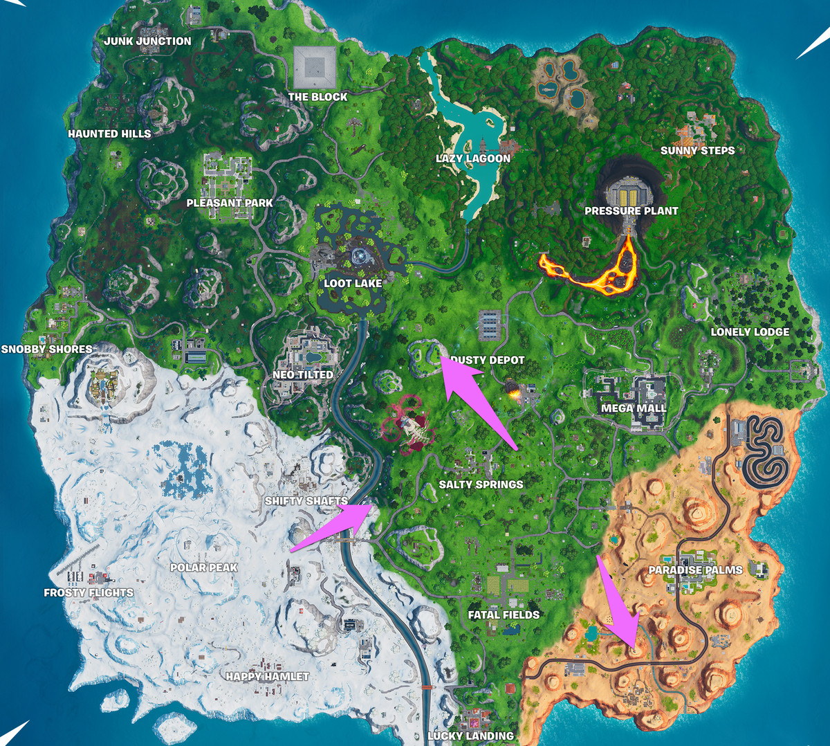 A Fortnite map with three telescope locations marked near the middle of the map 