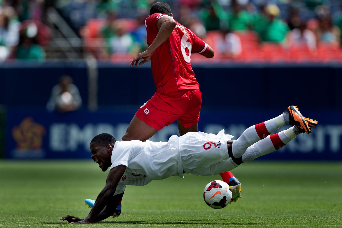 Canada's Tosaint Ricketts (#9) earned the penalty that saw the CMNT finally bump the goal-scoring slump.