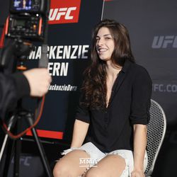 Mackenzie Dern answers questions at UFC 222 media day.