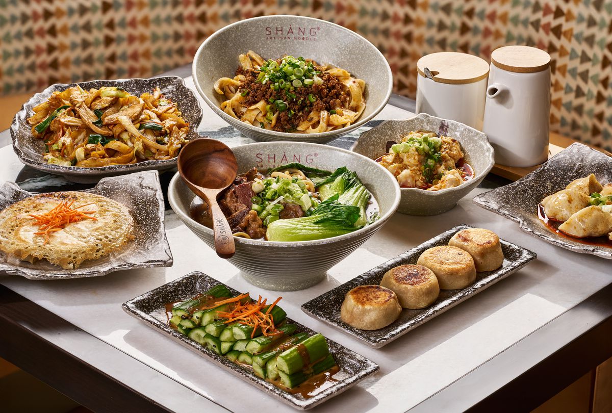 A spread of dishes from Shang Artisan Noodles.