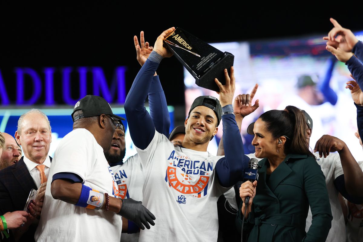 Jeremy Pena of the Houston Astros is announced as the American League Championship Series MVP after defeating the New York Yankees in game four to advance to the World Series at Yankee Stadium on October 23, 2022 in the Bronx borough of New York City.