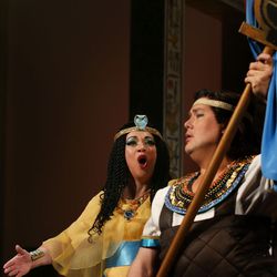 Katharine Goeldner as Amneris, left, and Marc Heller as Radames rehearse for Utah Opera's production of "Aida" at the Capitol Theatre in Salt Lake City on Wednesday, March 2, 2016.