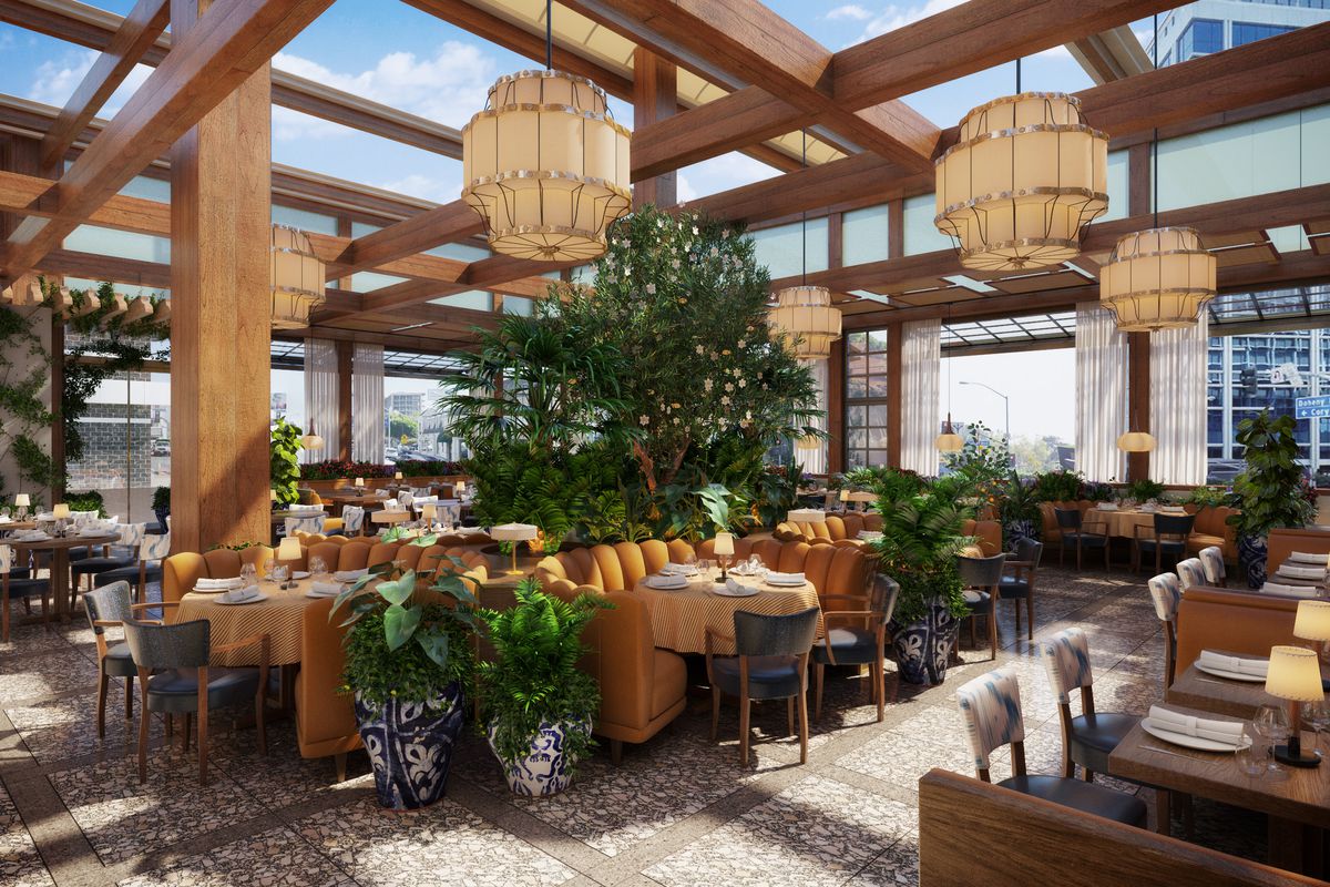 A rendering of an open-air dining room with plants and big booths and views across the street.