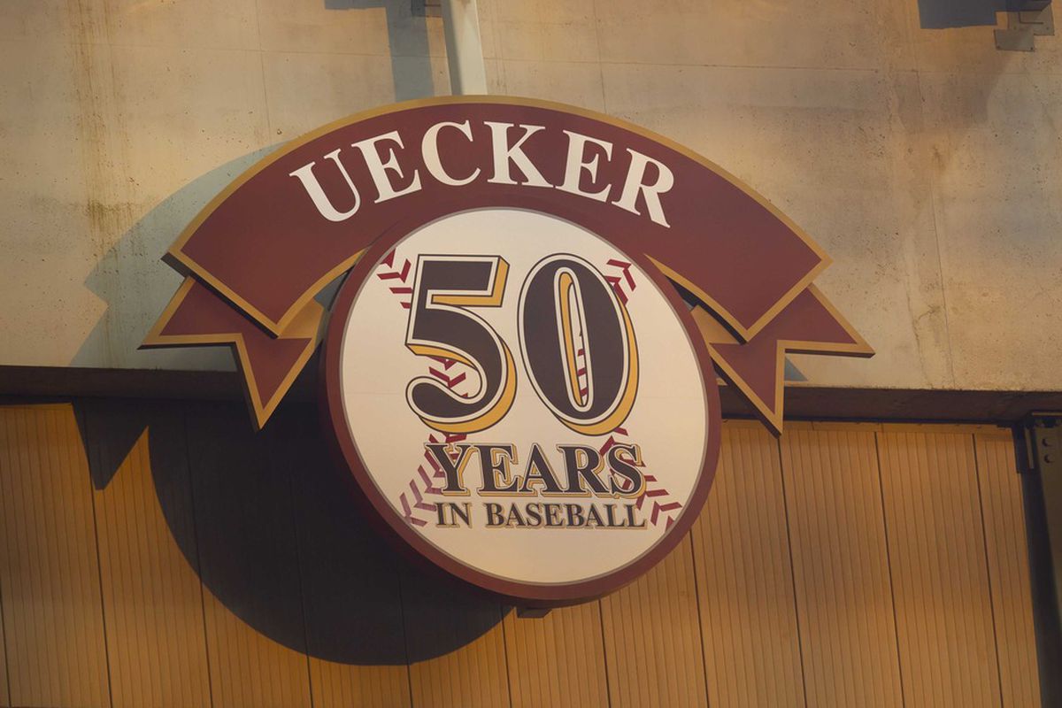 May 7, 2012: Milwaukee, WI, USA;  A sign for Milwaukee Brewers radio announcer Bob Uecker hangs at Miller Park.  Mandatory Credit: Jeff Hanisch-US PRESSWIRE