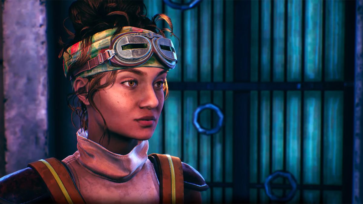 Parvati Holcomb, an Indian woman wearing goggles on her forehead, in The Outer Worlds