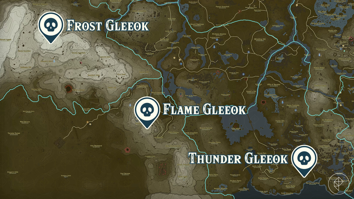A map shows the locations of flame gleeok, frost gleeok, and thunder gleeok in Zelda Tears of the Kingdom.