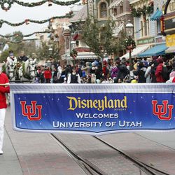 A parade for the Utah Utes and Ohio State Buckeyes makes its way through Disneyland in Anaheim, Calif., on Monday, Dec. 27, 2021, as part of events leading up to the Rose Bowl.