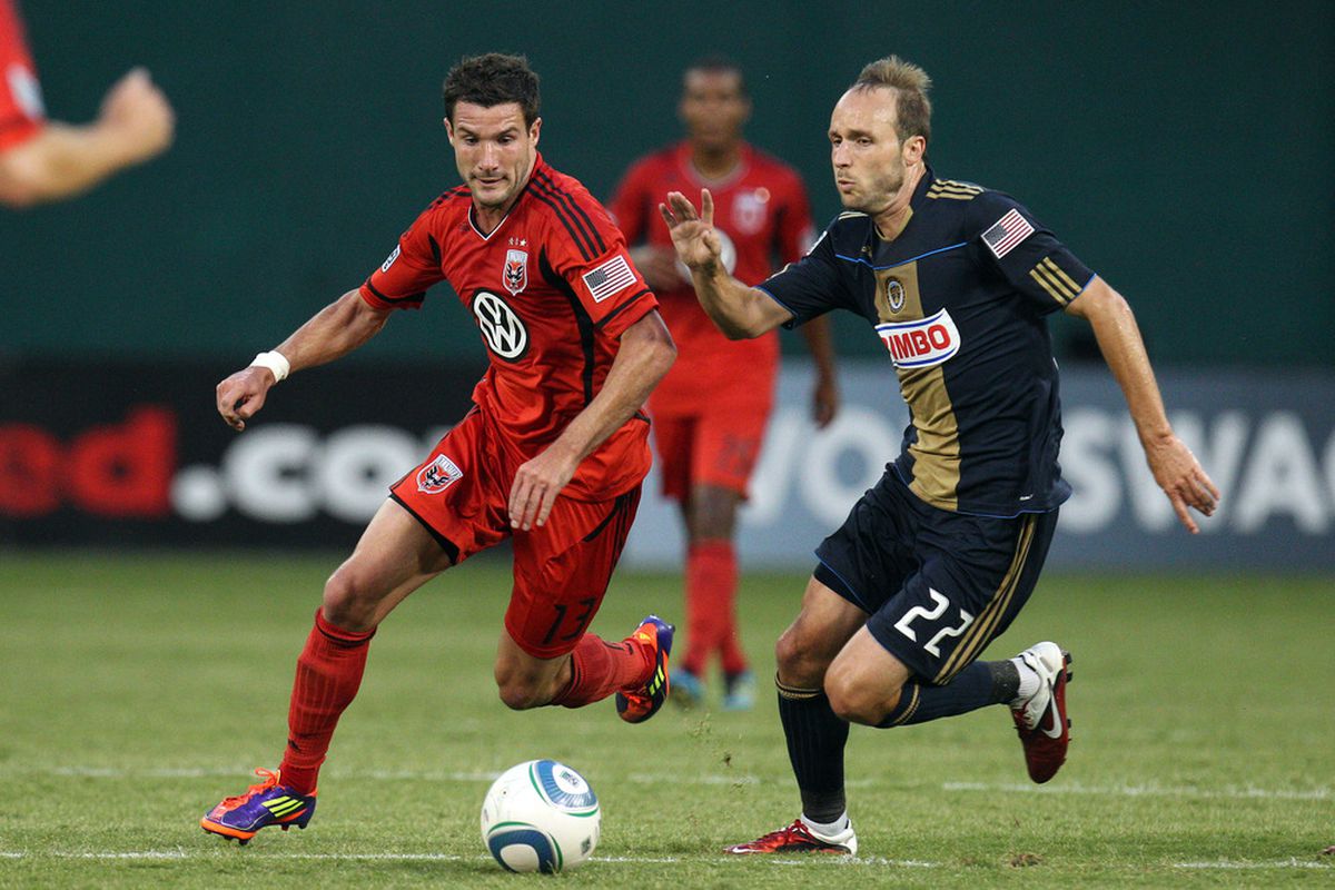 WASHINGTON, DC - JULY 2: Chris Pontius #13 of D.C. United controls the ball against Justin Mapp #22 of the Philadelphia Union at RFK Stadium on July 2, 2011 in Washington, DC. (Photo by Ned Dishman/Getty Images)