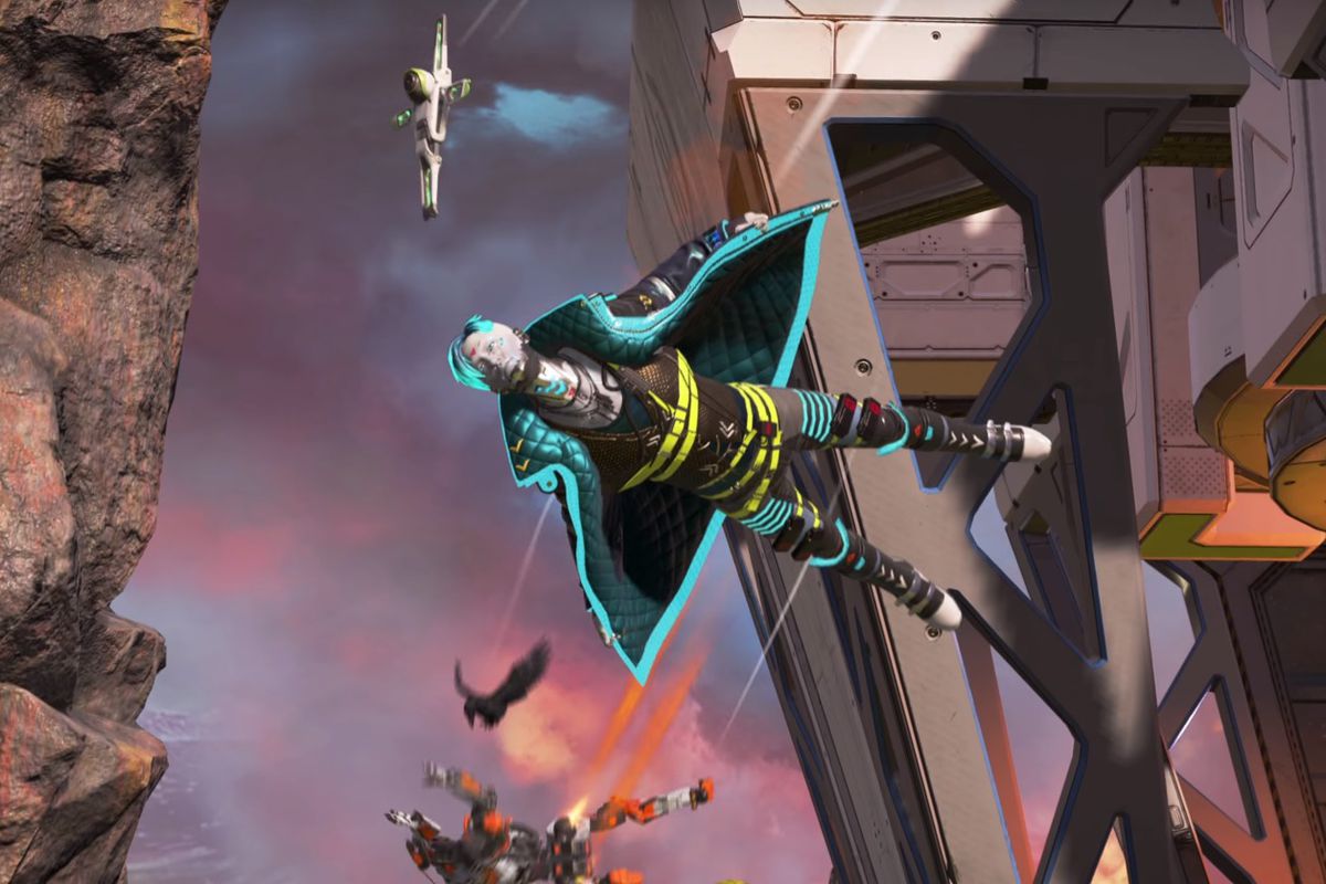 Crypto in an Apex Legends season 4 skin glides through the air with his jacket
