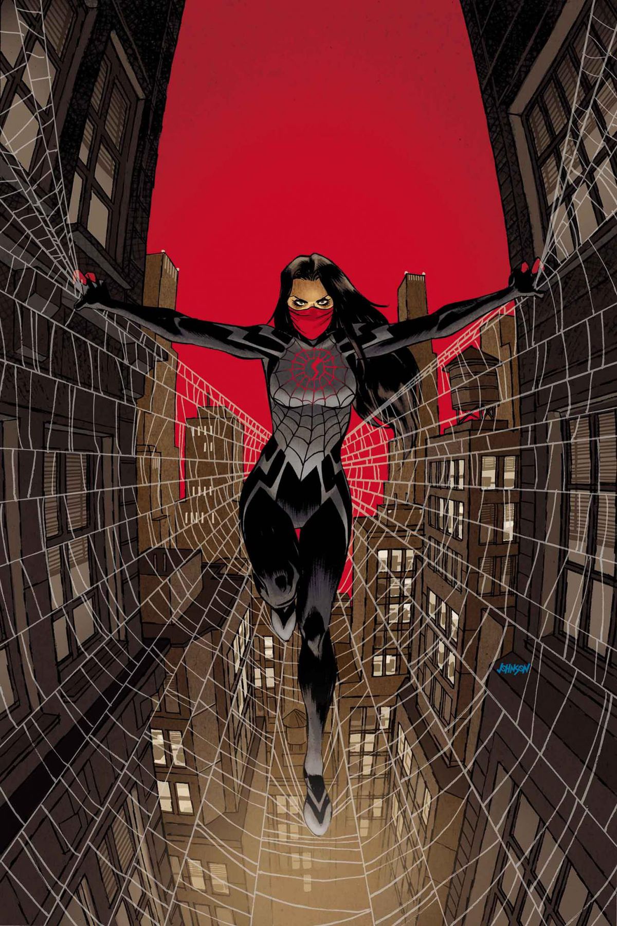 Silk, the Spider-Man spinoff superhero, holding herself up on webs between two buildings