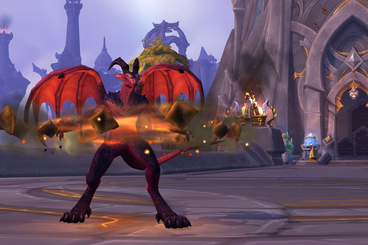 A red Dracthyr, a bipedal dragon, stands and channels the powers of time to buff themselves in World of Warcraft: Dragonflight.