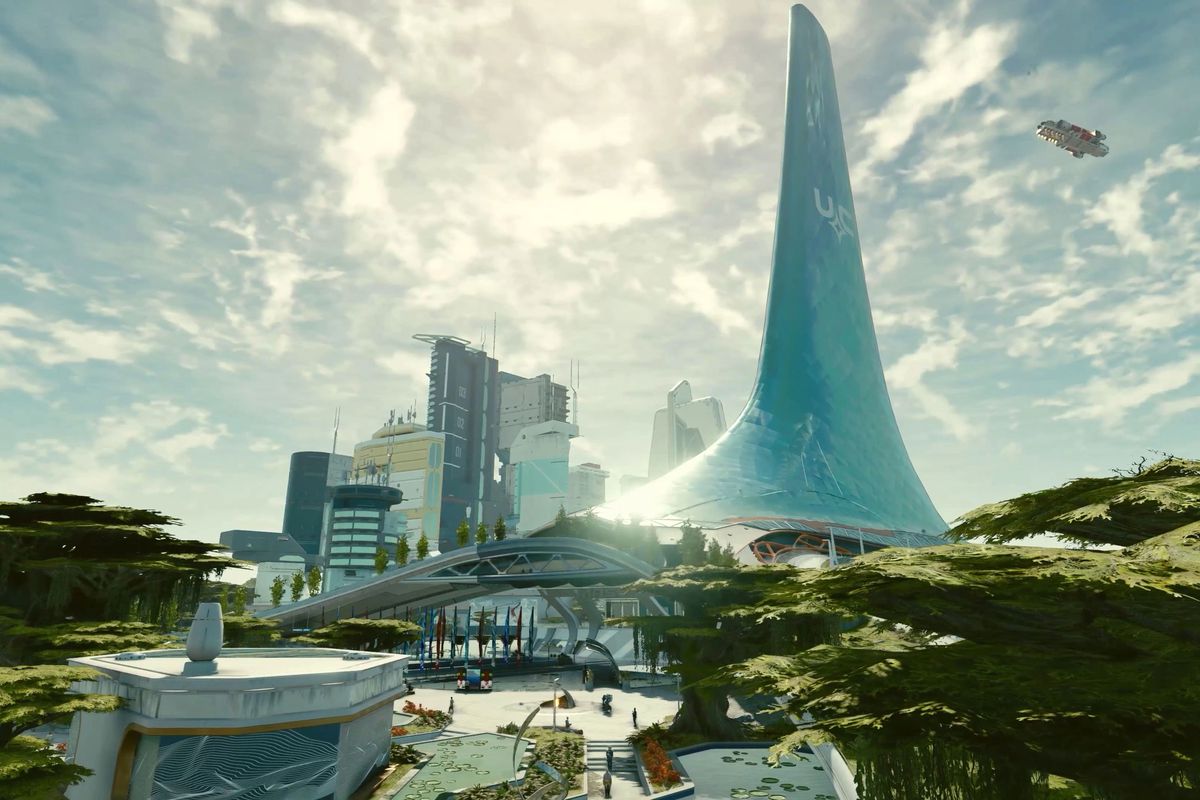 A promotional screenshot of New Atlantis in Starfield.