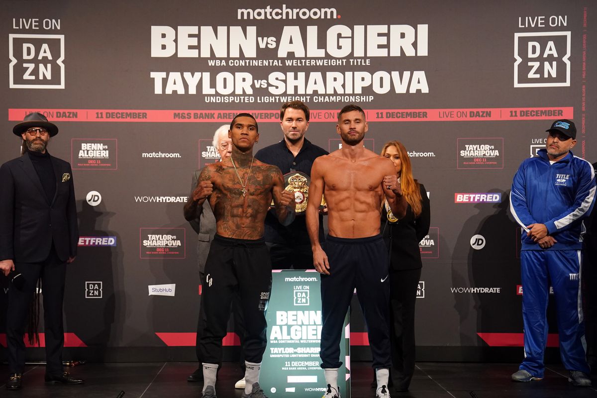 Conor Benn (left) and Chris Algieri during a weigh in at The Black-E, Liverpool.