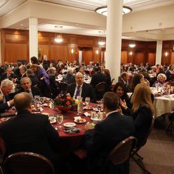 A group of about 250 Latin journalists enjoys dinner prior to hearing Elder D. Todd Christofferson speak to the 73rd Annual Assembly of the Inter American Press Association at the LDS Church's Conference Center Theater in Salt Lake City, Saturday, October 28, 2017.