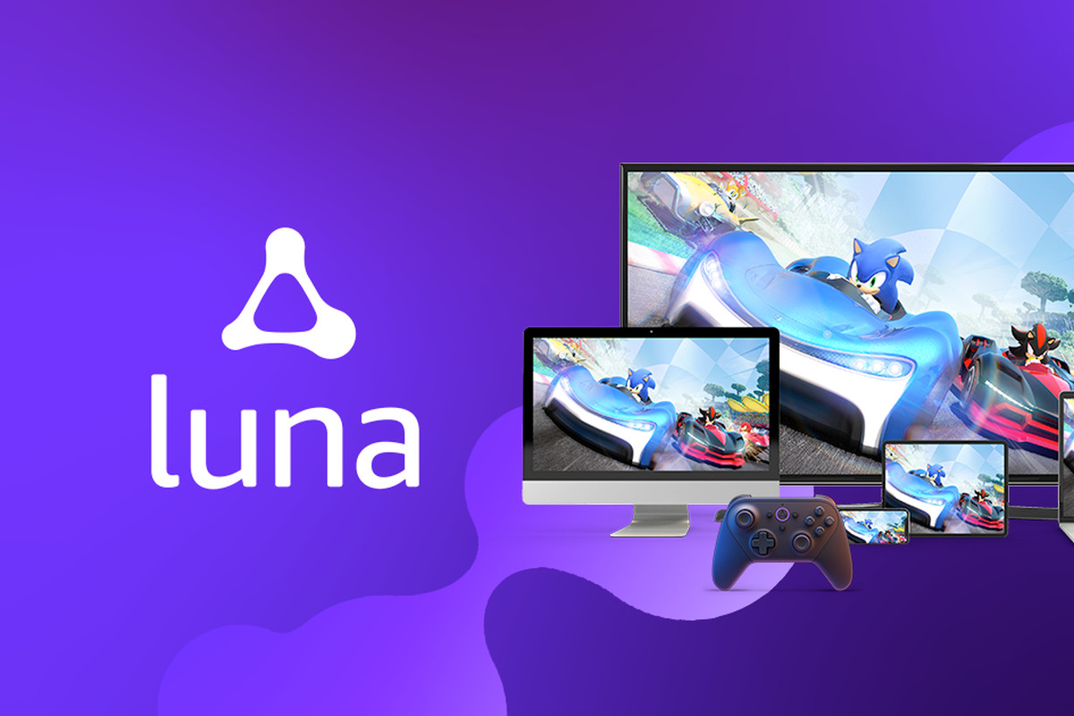 promotional image for Amazon Luna; a logo, and a Sonic the Hedgehog racing game playing on several different screens
