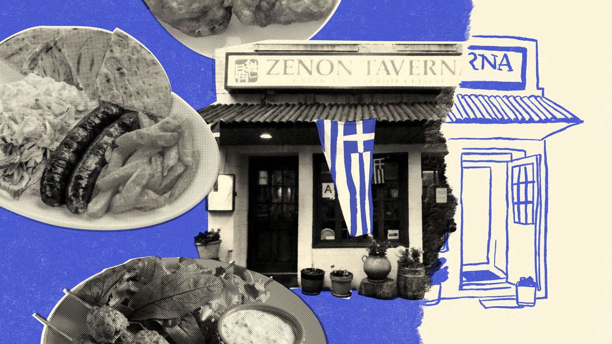 A photocollage showing the storefront of Zenon Taverna and some Greek dishes, greyed out like a newspaper.