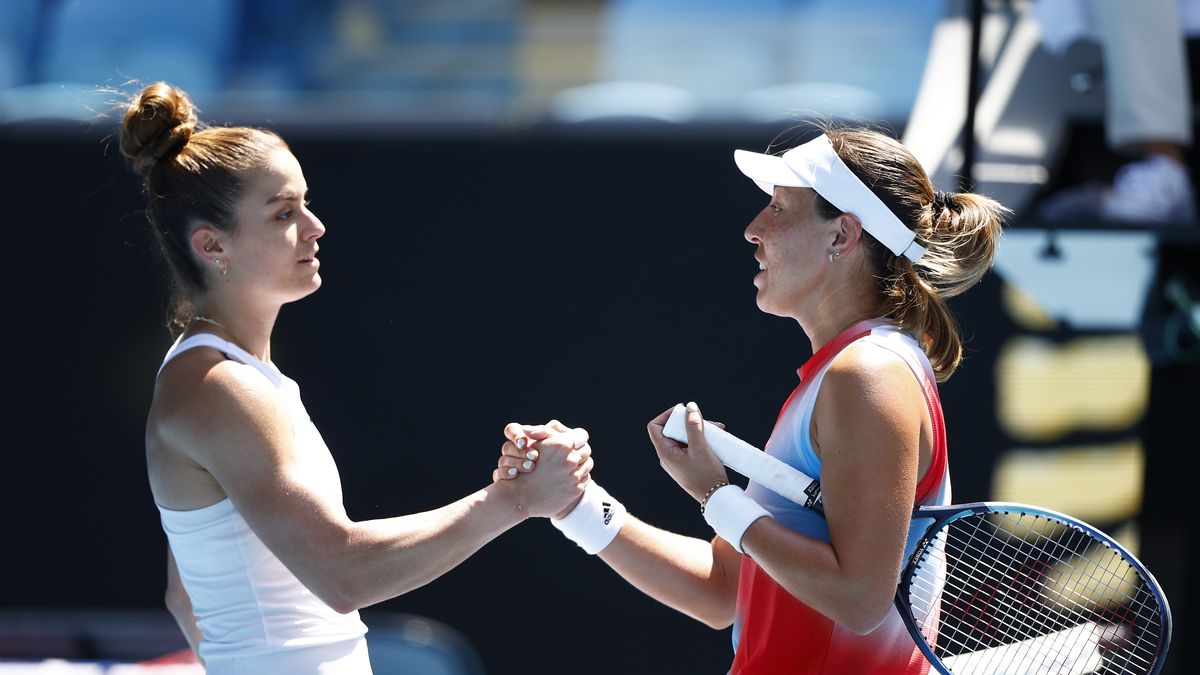 Jessica Pegula (R) of United States shakes hands with Maria Sakkari of Greece after winning her fourth round singles during day seven of the 2022 Australian Open at Melbourne Park on January 23, 2022 in Melbourne, Australia.