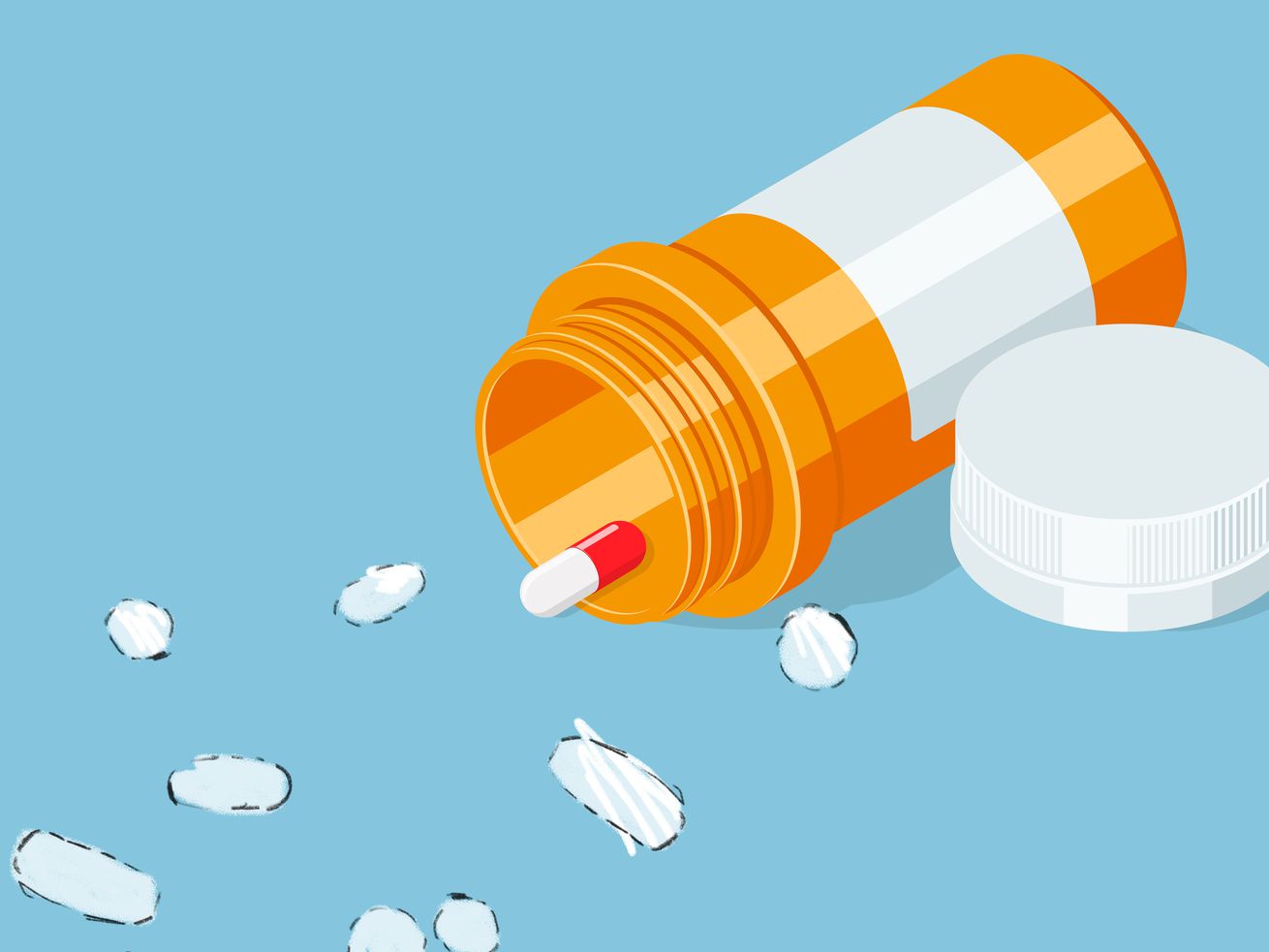An illustration of a single pill falling out of a pill container, as well as pieces of paper in the shape of pills.