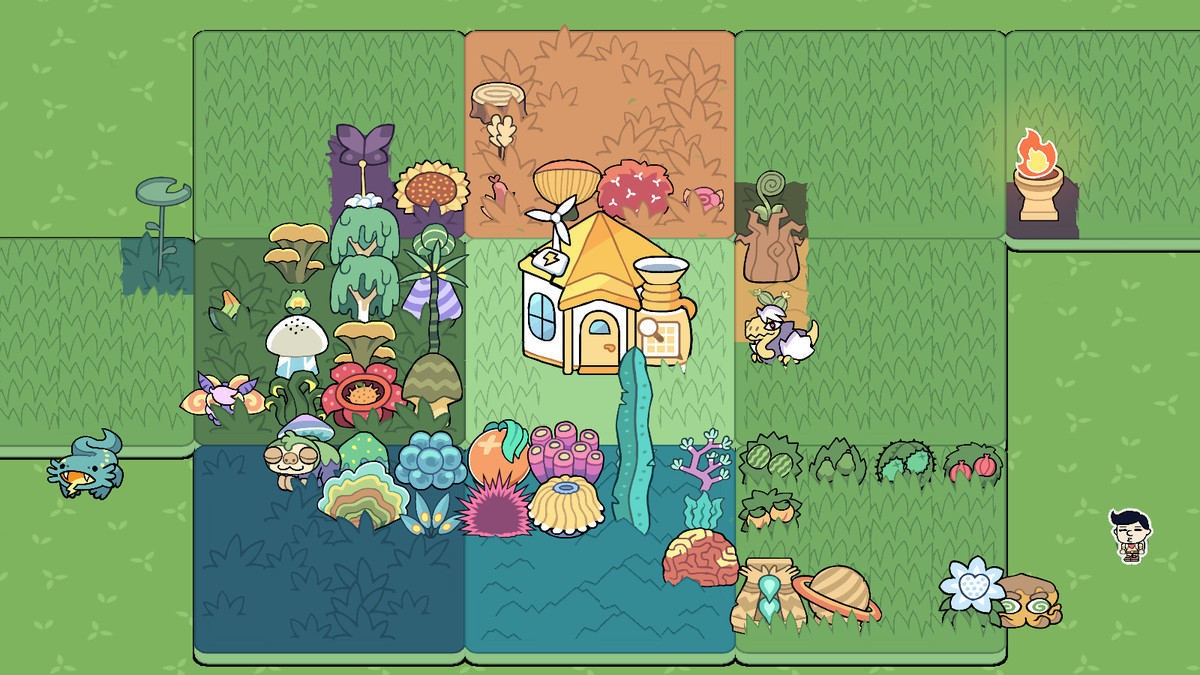 Base camp filled with various plants, bushes, wards, golden house and animals in Patch Quest.
