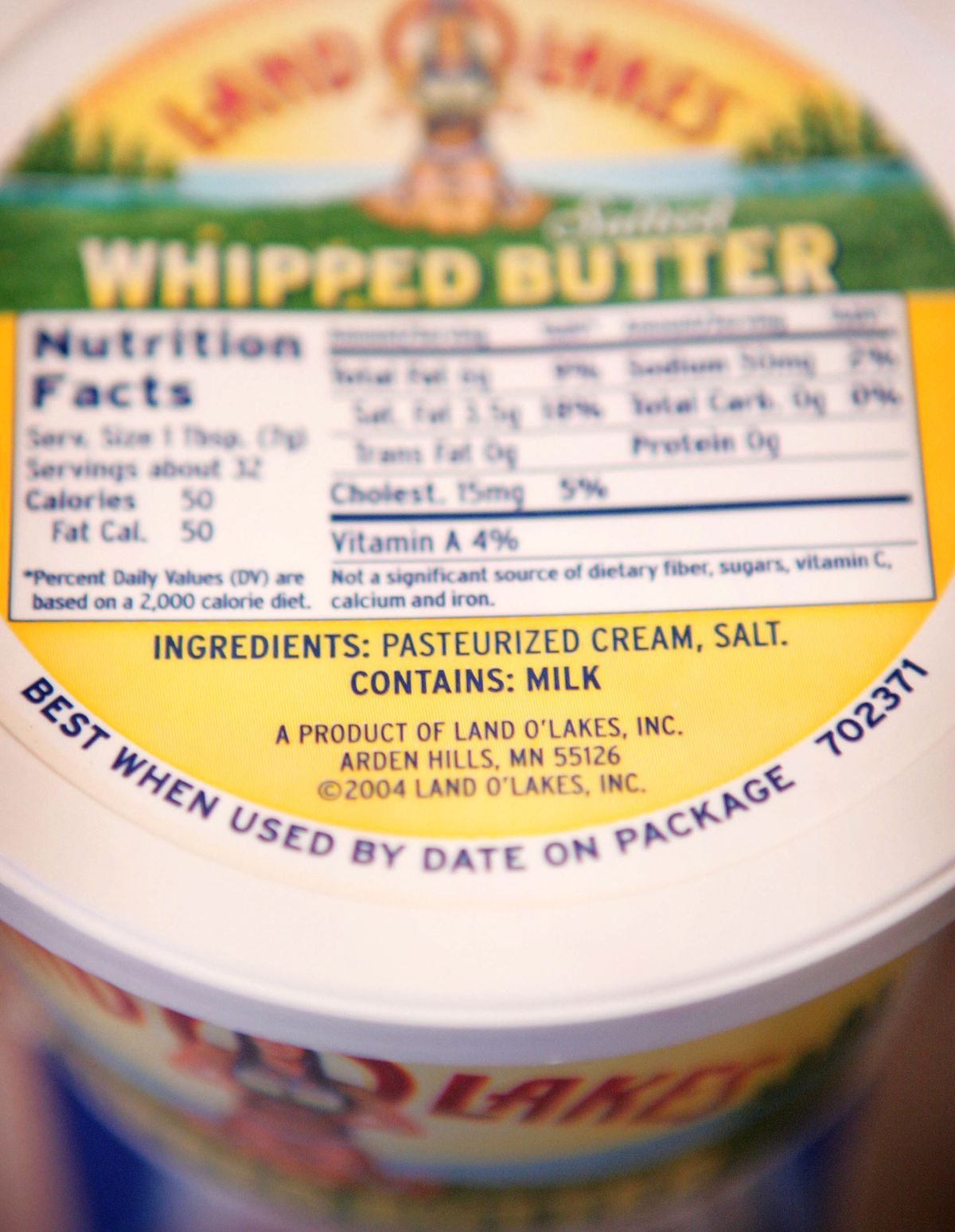 A label on a tub of whipped Land O Lakes butter reads, “Best when used by date on package.”