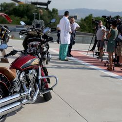 Dr. Dave Morris, a trauma surgeon at Intermountain Medical Center, talks about the advantages of motorcyclists who wear proper safety gear during a press conference at the Murray hospital on Wednesday, Aug. 2, 2017.