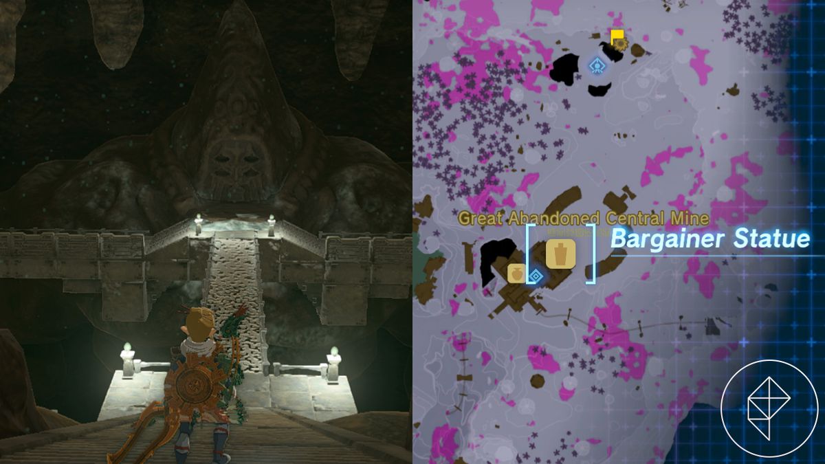 Link stands in front of a very large bargainer statue missing its eyes in the Great Abandoned Central Mines in Tears of the Kingdom.