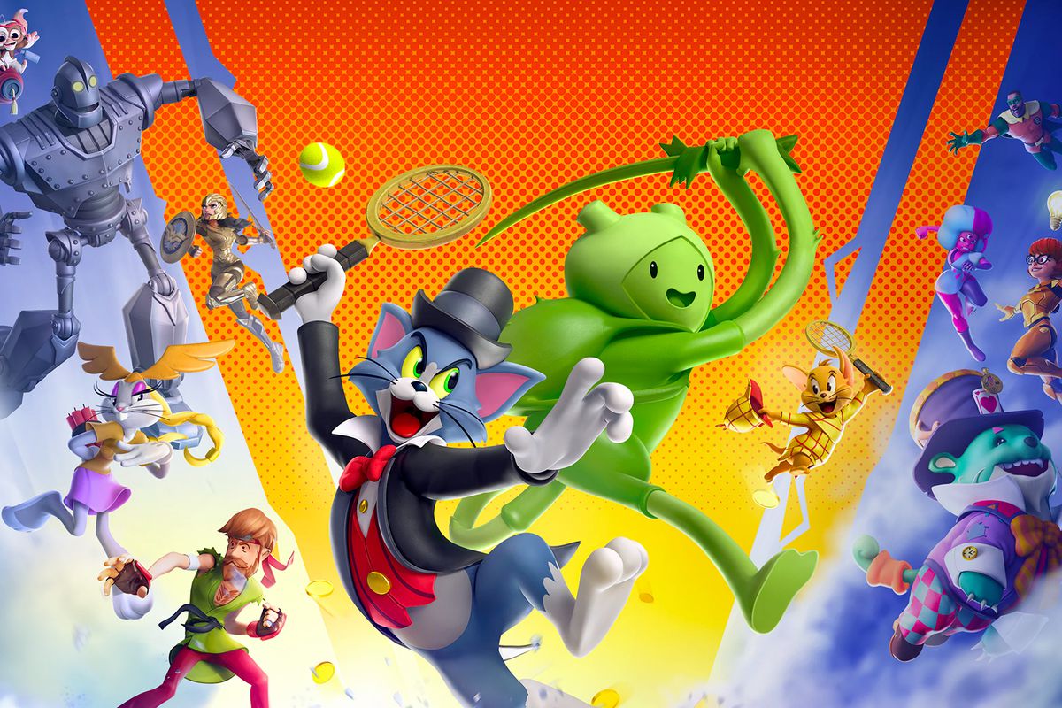 Artwork of MultiVersus, featuring Tom (from Tom &amp; Jerry) and Finn from Adventure Time and a variety of Warner Bros. characters