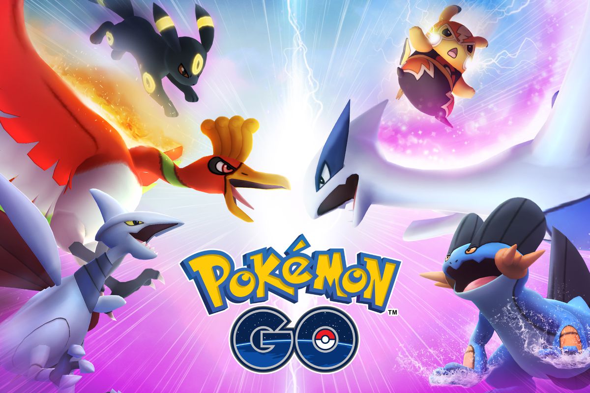 Promotional image for the Pokémon Go Go Battle league, showing Ho-Oh, Swampert, Skarmory, Luchador Pikachu, and Umbreon.