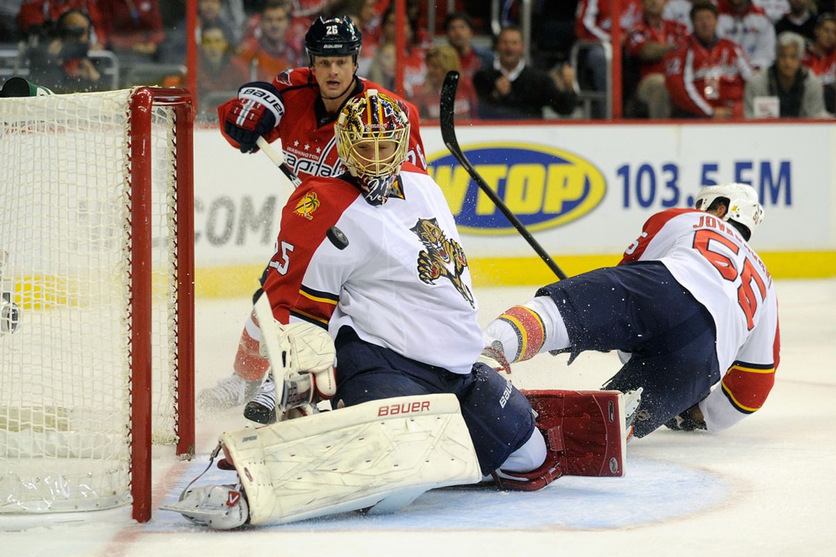 WASHINGTON, DC - OCTOBER 18:  Jacob Markstrom #25 of the Florida Panthers makes a save against the Washington Capitals at the Verizon Center on October 18, 2011 in Washington, DC.  (Photo by Greg Fiume/Getty Images)