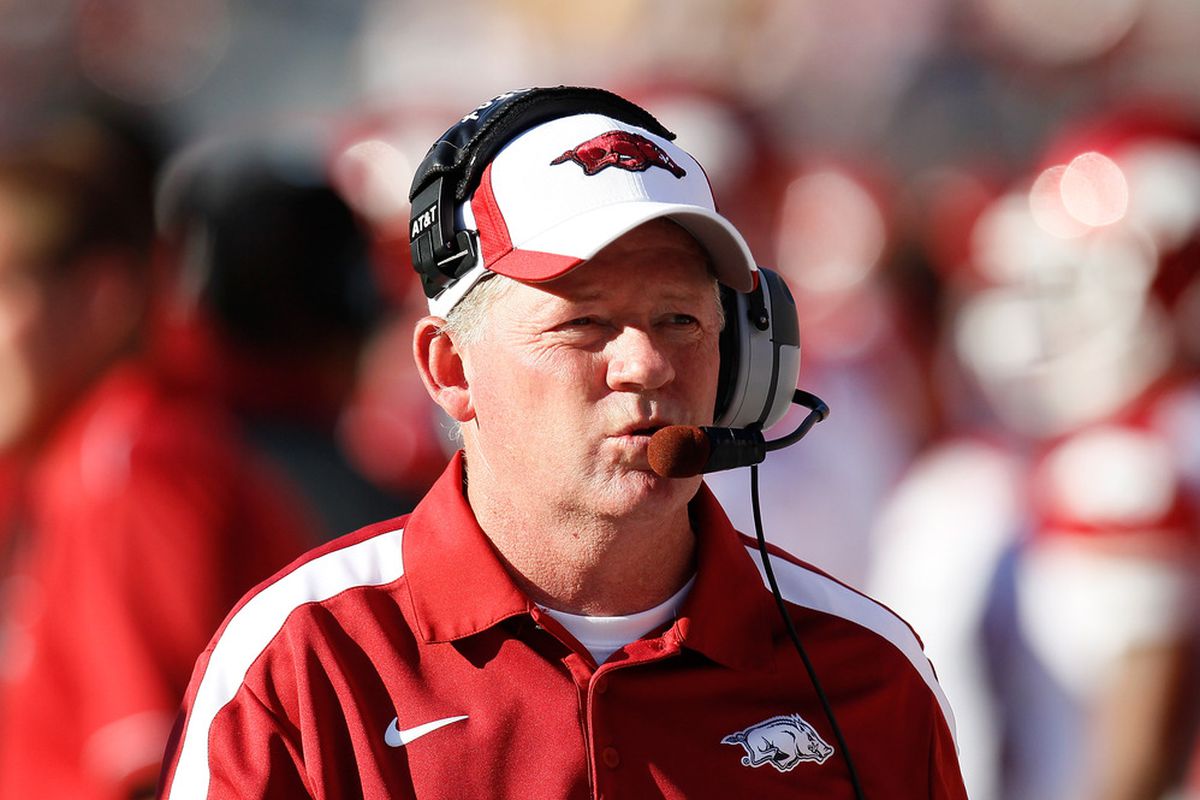 TUSCALOOSA, AL - SEPTEMBER 24:  Head coach Bobby Petrino of the Arkansas Razorbacks looks on during the game against the Alabama Crimson Tide at Bryant-Denny Stadium on September 24, 2011 in Tuscaloosa, Alabama.  (Photo by Kevin C. Cox/Getty Images)