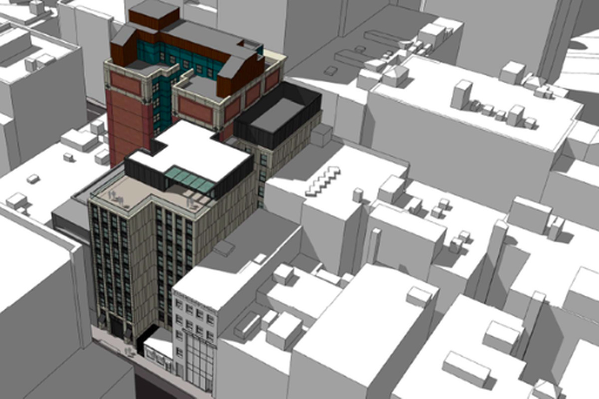 Aerial rendering of a new building popping up in a dense city streetscape.