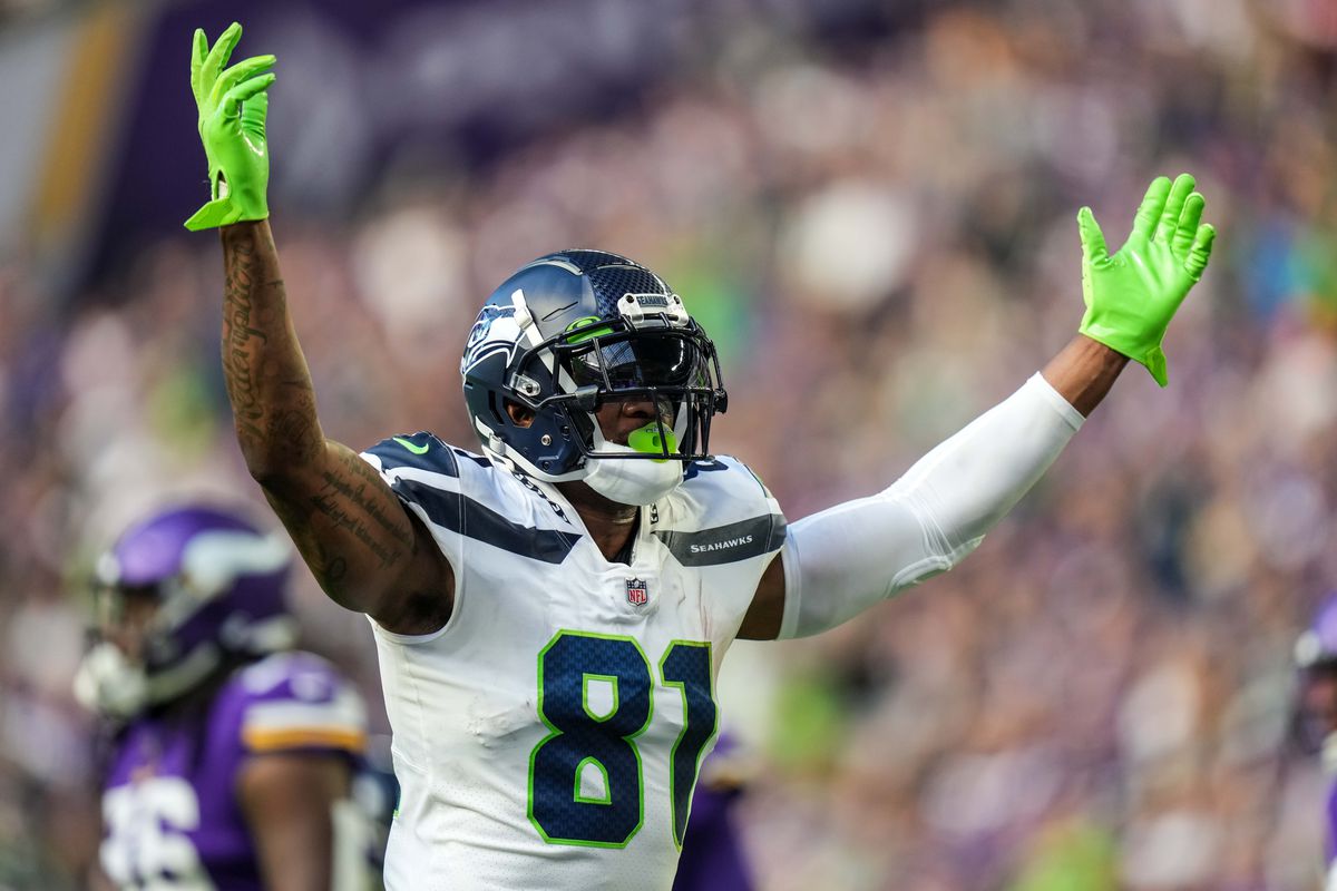 Seattle Seahawks tight end Gerald Everett (81) celebrates a touchdown scored by running back Chris Carson (not pictured) during the second quarter against Minnesota Vikings at U.S. Bank Stadium.&nbsp;