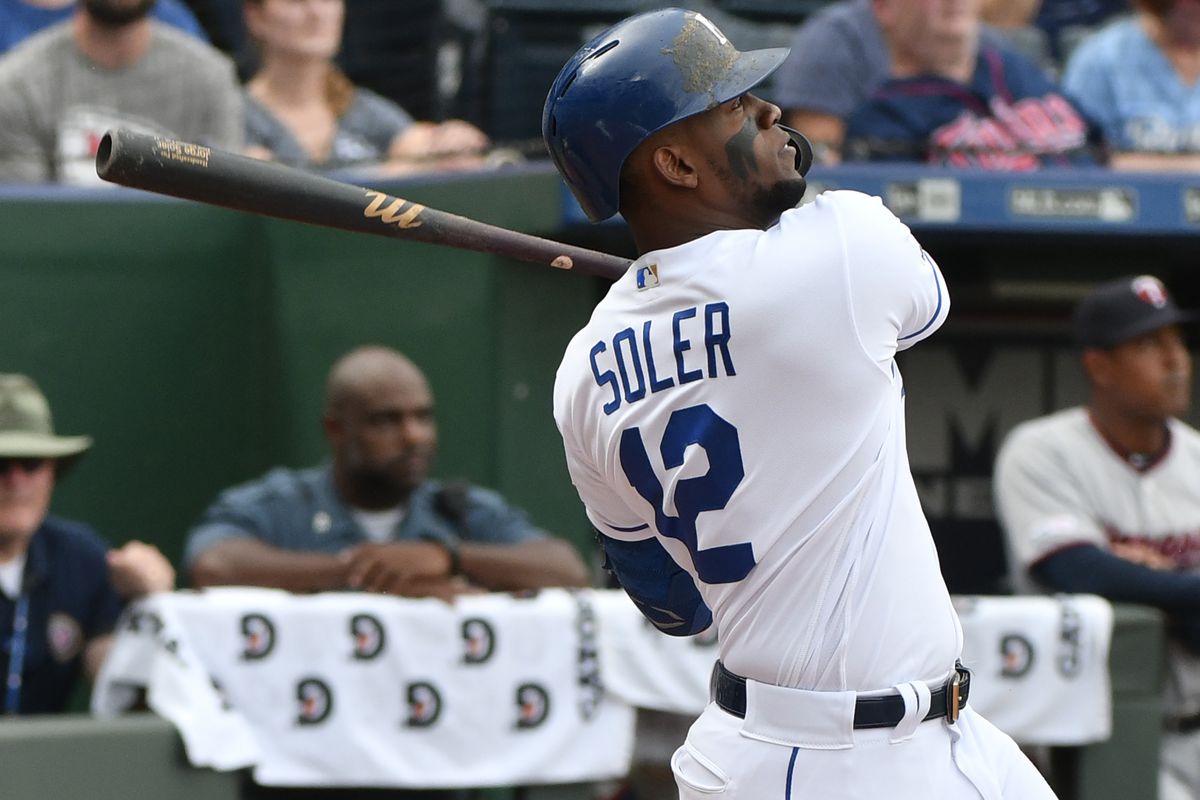 Jorge Soler #12 of the Kansas City Royals hits a home run in the first inning against the Minnesota Twins at Kauffman Stadium on September 29, 2019 in Kansas City, Missouri.