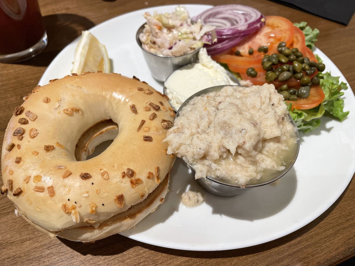An onion bagel with whitefish salad at Zaidy’s