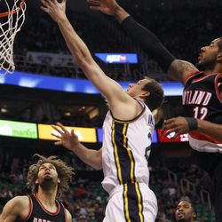 Utah Jazz forward Joe Ingles (2) takes the ball to the rim against Portland Friday, Feb. 20, 2015, at EnergySolutions Arena in Salt Lake City. The Jazz beat the Blazers, 92-76.