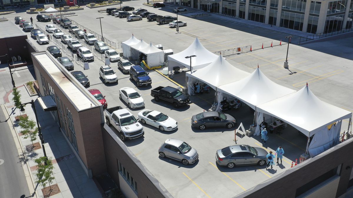 Numerous motorists line up for COVID-19 testing near University of Utah Health’s Sugar House Health Center in Salt Lake City on Saturday, July 11, 2020.