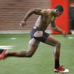 Utah's Dexter Ransom runs through drills at Utah Pro Day where departing University of Utah senior football players and some invitees work out for NFL scouts in Spence Eccles Field House Friday, March 23, 2012, in Salt Lake City, Utah.   