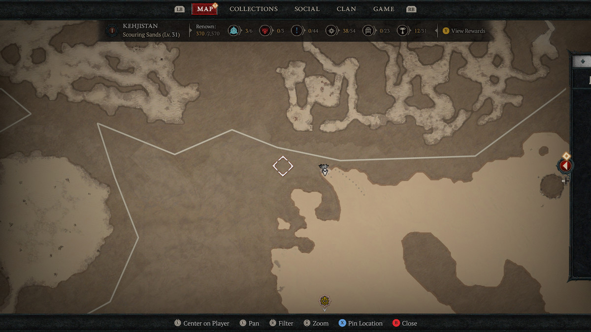 A map of Kehjistan in Sanctuary showing the 12th Altar of Lilith in Diablo 4