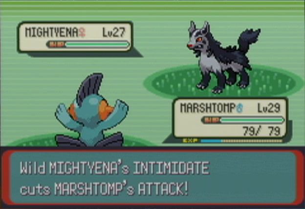 Marshtomp battles a Mightyena in Pokémon Emerald