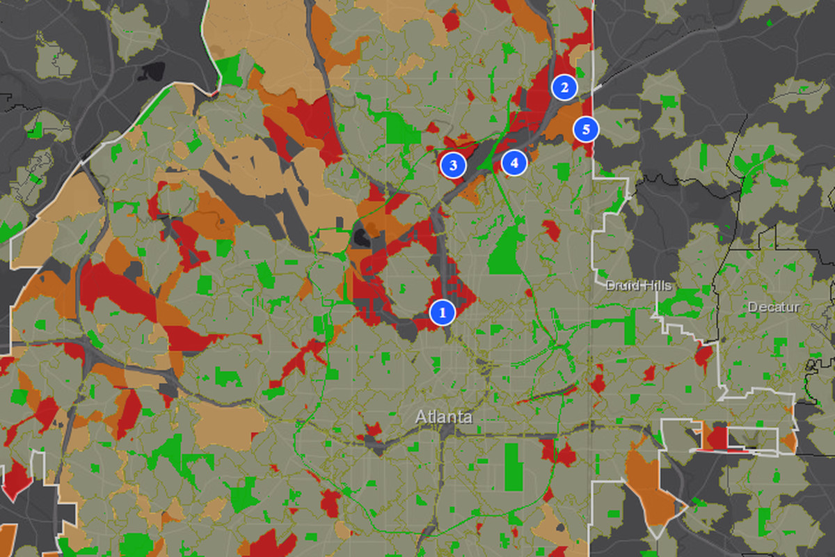 In graphics here and below, red indicates the most severe need for parks while green represents existing parks. Blue dots representing a 1/4-mile radius are where The Trust for Public Land suggests new parks would offer the most Atlantans 10-minute walkin