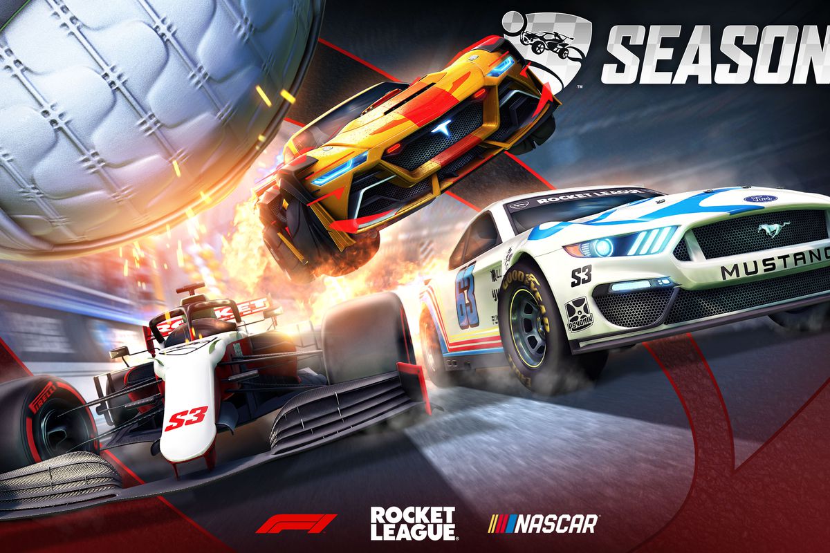 promotional card for Rocket League Season 3, showing a Formula 1 car, a NASCAR Mustang, and Rocket League’s new Tyranno