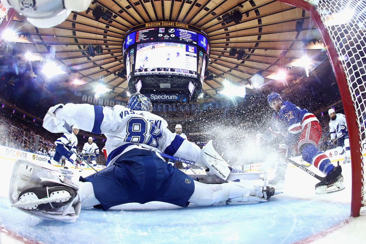 Andrei Vasilevskiy #88 of the Tampa Bay Lightning makes the save on Filip Chytil #72 of the New York Rangers in Game Five of the Eastern Conference Final of the 2022 Stanley Cup Playoffs at Madison Square Garden on June 09, 2022 in New York City.