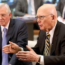 Elder D. Todd Christofferson and Elder Dallin H. Oaks discuss the subject of the balance between gay rights and religious rights during an interview in the KSL studio in Salt Lake City on Thursday, Jan. 29, 2015. 