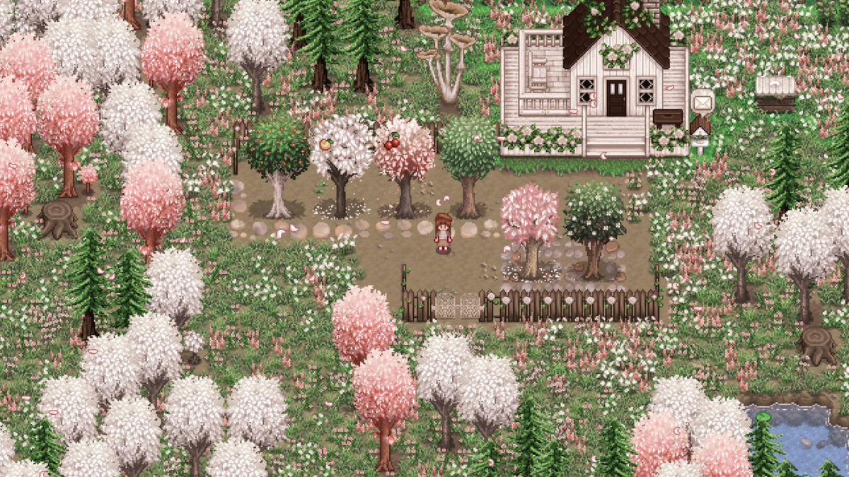 A Stardew Valley farm where the trees are in pastel pink hues and grasses have wildflowers in them. The game has been modded with Stardew Foliage Redone.