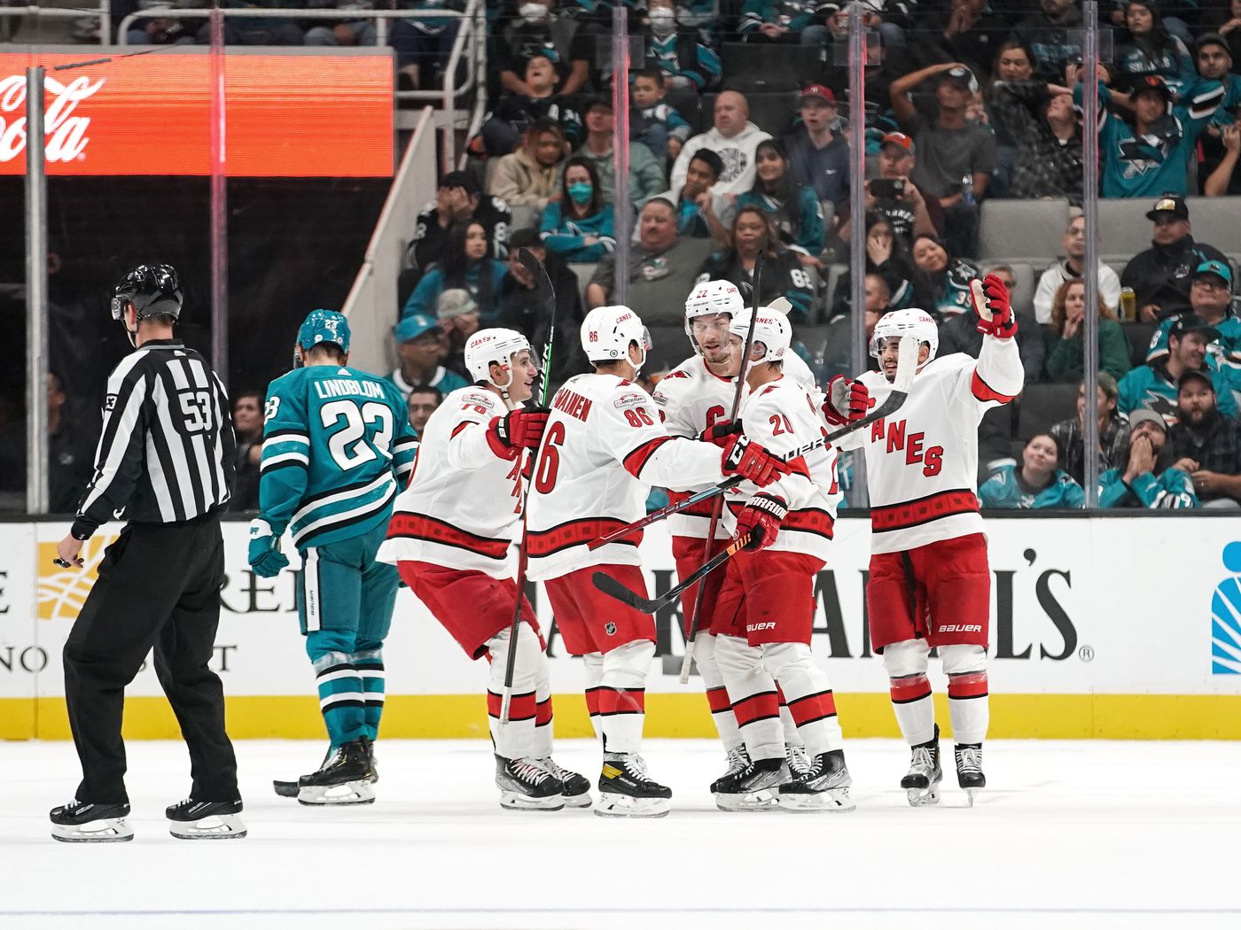 Aho's late goal leads Canes past Sharks 2-1