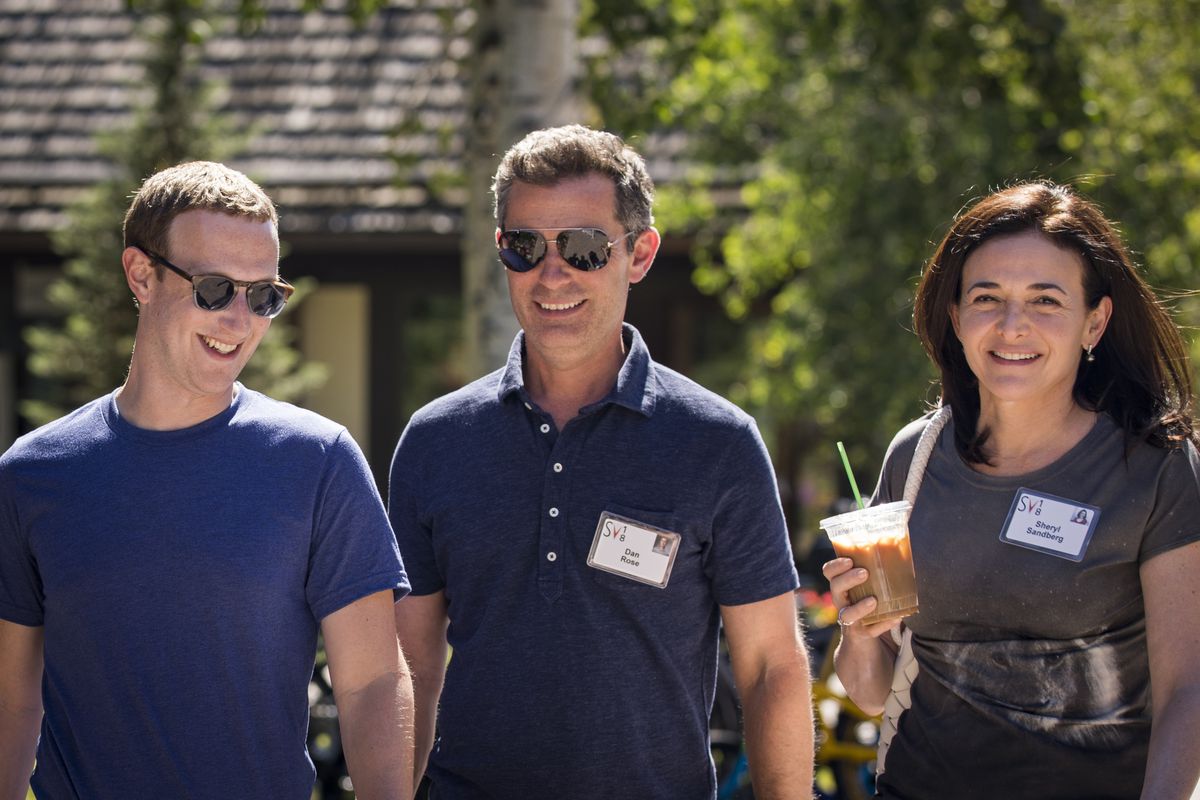 Facebook CEO Mark Zuckerberg, left, VP Dan Rose and COO Sheryl Sandberg